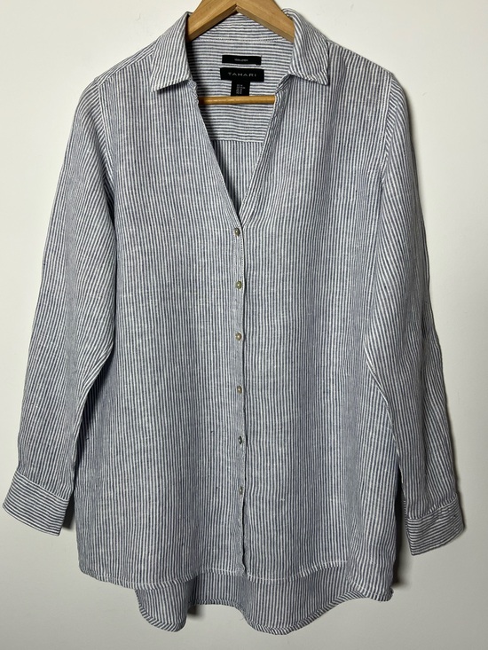 Tahari Tops - Tahari 100% Linen Classic Navy & White Vertical Stripe Button-Down Shirt Coastal